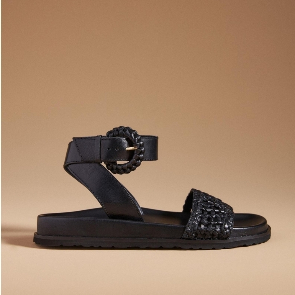 By Anthropologie Black Leather Ankle Strap Woven Sandals - Picture 2 of 9